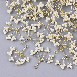 Glass Seed Beads Wire Wrapped Pendants, with Golden Plated Brass Wires, Tree, Beige, 15~16x18~21x2~3mm, Hole: 1.2mm(FIND-S321-06J)