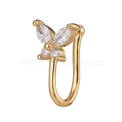 Brass Micro Pave Clear Cubic Zirconia Clip-on Nose Septum Rings, Nose Piercing Jewelry for Women Men, Golden, Butterfly, 12mm, Flower: 4x4mm(WGE30AD-05)