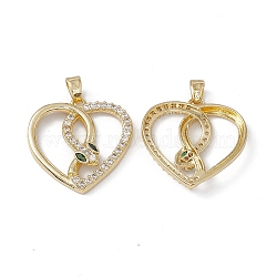 Brass Clear & Green Cubic Zirconia Pendants, Heart with Snake Charms, Real 18K Gold Plated, 22.5x21.5x4mm, Hole: 4.5x3mm(KK-E068-VA168-2)