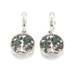 Alloy European Dangle Charms, with Rhinestone, Large Hole Pendants, Flat Round with Tree, Antique Silver, Emerald, 27mm, Hole: 5mm(MPDL-S066-059A)