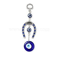 Horse Shoe Pendant Decorations, Handmade Lampwork & Alloy Rhinestone & Resin Evil Eye Hanging Ornaments, Turkish Amulet Good Luck Charm, Antique Silver, 140mm, Hole: 13.5x9.5mm (HJEW-H058-04)