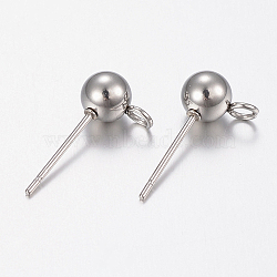 201 Stainless Steel Stud Earring Findings, with Loop, Round, Stainless Steel Color, 16x5mm, Hole: 2mm, Pin: 0.8mm(STAS-H434-57P)