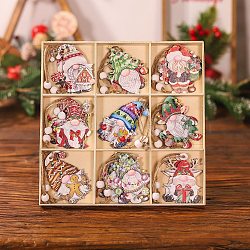 Christmas Theme Printed Wood Gnome Pendant Decorations, with Wood Beads and Hemp Cord Christmas Tree Hanging Decorations, Mixed Color, 62~75x43~58mm, 9 styles, 2pcs/style, 18pcs/box(XMAS-PW0005-15A)