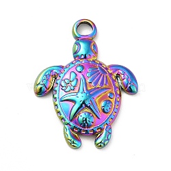 Ion Plating(IP) 201 Stainless Steel Pendants, Tortoise with Starfish Charms, Rainbow Color, 23.5x18x3mm, Hole: 3mm(STAS-P312-09MC)