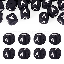 20Pcs Food Grade Eco-Friendly Silicone Beads, Horizontal Hole, Cube, Black, Letter A, 12x12x12mm, Hole: 2mm(SIL-TADJ0001-04A)