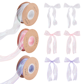 CHGCRAFT 3 Rolls 3 Colors Flat Rainbow Color Nylon Organza Ribbon, Iridescent Ribbon for Bowknot, Flower, Gift Decoration, Mixed Color, 1-5/8 inch(40mm), about 9.84 Yards(9m)/roll, 1 roll/color