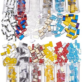 Nbeads 600Pcs 12 Colors Opaque Glass Seed Beads, 2-Hole, Rectangle, Mixed Color, 4.5~5.5x2x2~2.5mm, Hole: 0.5~0.8mm, 50Pcs/color