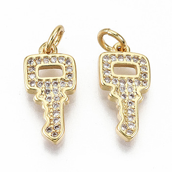 Brass Micro Pave Clear Cubic Zirconia Pendants, with Jump Rings, Nickel Free, Key, Real 16K Gold Plated, 16x8x2mm, Jump Ring: 5x0.8mm, 3.4mm inner diameter