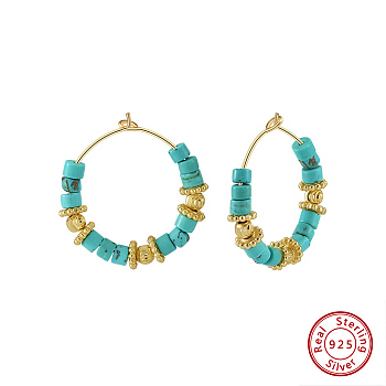 Natural Turquoise Beaded Hoop Earrings, with 925 Sterling Silver Earring Hoop, Real 14K Gold Plated, 36~36.5x32~33mm