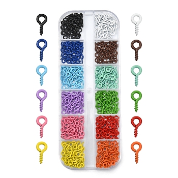 Spray Painted Iron Screw Eye Pin Peg Bails, For Half Drilled Beads, Cadmium Free & Nickel Free & Lead Free, Mixed Color, 8x4x1mm, Hole: 2mm, Pin: 1.4mm, 40Pcs/color, 12 Colors, 480Pcs/box