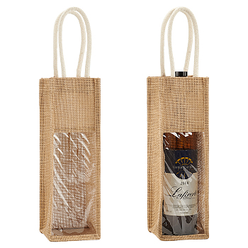 1-Sot Rectangle Linen Wine Storage Bags with Handle, Wine Packaging Bags with PVC Clear Visible Window, BurlyWood, 46.5x11.1x0.6cm