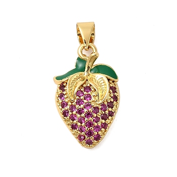 Brass Micro Pave Cubic Zirconia Pendants, Enamel Style, Strawberry, Real 18K Gold Plated, 20x12x5mm, Hole: 5x3.5mm