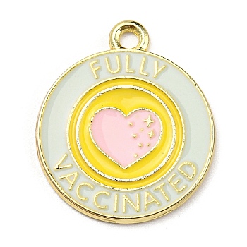 Zinc Alloy Pendants, Light Gold, Flat Round with Heart & Word Fully Vaccinated Charm, Gold, 23.5x20x1.5mm, Hole: 2.2mm