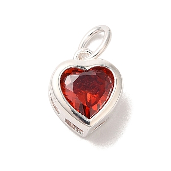 925 Sterling Silver Cubic Zirconia Heart Charms with Jump Rings, Silver Color Plated, Red, 9.5x7.5x3.5mm, Hole: 3mm