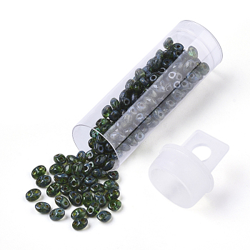 2-Hole Seed Beads, Czech Glass Beads, Transparent Baking Paint Style, Sea Green, 5x3.5~3.8x2.5~2.8mm, Hole: 0.9mm, about 10g/bottle