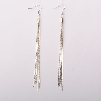 Brass Chain Tassel Earrings, with Brass Cord Ends and Brass Earring Hooks, Silver Color Plated, Silver Color Plated, 120mm, Pin: 0.7mm