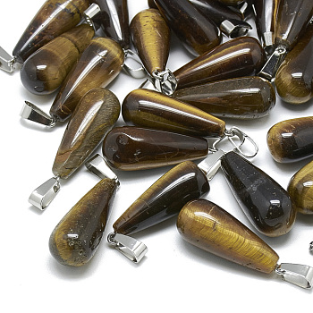 Natural Tiger Eye Pendants, with Stainless Steel Snap On Bails, Teardrop, 28~30x10~12mm, Hole: 6x4mm