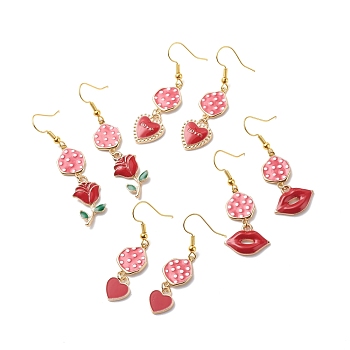 Red Alloy Enamel Charm Dangle Earrings, Valentine Theme Brass Jewelry for Women, Golden, Mixed Patterns, 46~57mm, Pin: 0.5mm