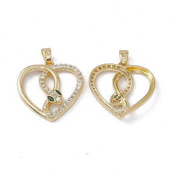 Brass Clear & Green Cubic Zirconia Pendants, Heart with Snake Charms, Real 18K Gold Plated, 22.5x21.5x4mm, Hole: 4.5x3mm