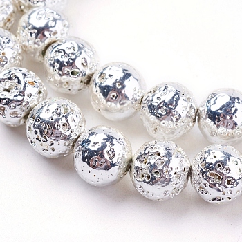 Electroplated Natural Lava Rock Beads Strands, Round, Bumpy, Silver Plated, 8~8.5mm, Hole: 1mm, about 47pcs/strand, 15.35 inch(39cm)