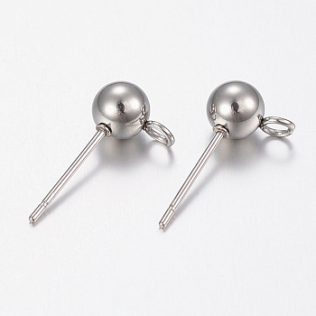 201 Stainless Steel Stud Earring Findings, with Loop, Round, Stainless Steel Color, 16x5mm, Hole: 2mm, Pin: 0.8mm