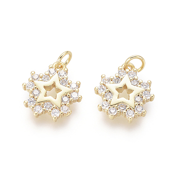 Brass Charms, with Clear Cubic Zirconia and Jump Rings, Star, Golden, 12x11x2mm, Hole: 2.5mm