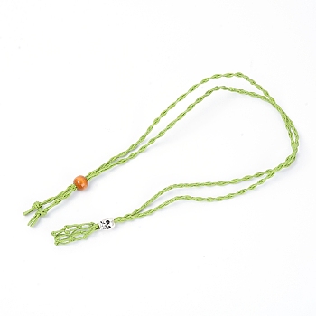 Adjustable Braided Waxed Cord Macrame Pouch Necklace Making, Interchangeable Stone, with Wood Beads & Alloy Pipe Beads, Yellow Green, 17-3/8~18-1/2 inch(44~47cm)