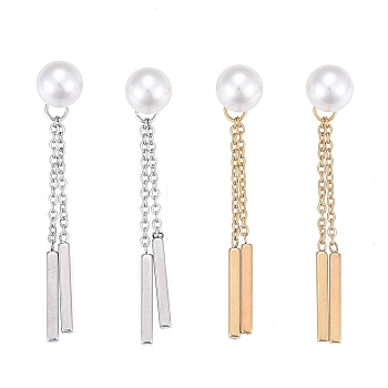 304 Stainless Steel Chain Tassel Earrings, with Ear Nuts and Acrylic Imitation Pearl Beads, Bar & Half Round, Mixed Color, 43mm, Pin: 0.7mm