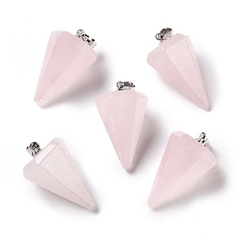 Natural Rose Quartz Pendants, with Platinum Tone Brass Findings, Faceted Cone, 25~28x15~16x13~14mm, Hole: 2x6mm