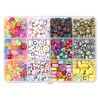 Mixed Styles Acrylic Beads, Flat Round with Smiling Face, Mixed Color, 7~10x7~11x3.5~5mm, Hole: 1.5~2mm
