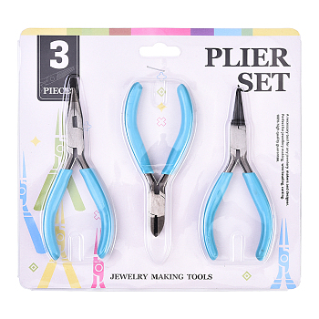 Steel Pliers Set, with Plastic Handles, including Side Cutter Pliers, Round Nose Plier, Needle Nose Wire Cutter Plier, Sky Blue, 113~126x48~52x6~10mm, 3pcs/set