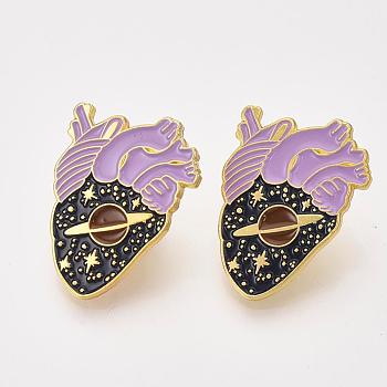 Golden Plated Creative Zinc Alloy Brooches, Enamel Lapel Pin, with Iron Butterfly Clutches or Rubber Clutches, Anatomical Heart Shape with Planet, Colorful, 29.5x22.5mm, Pin: 1mm
