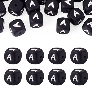 20Pcs Food Grade Eco-Friendly Silicone Beads, Horizontal Hole, Cube, Black, Letter A, 12x12x12mm, Hole: 2mm