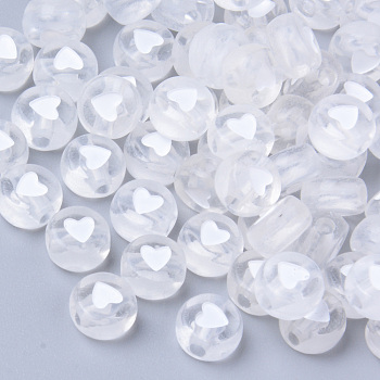 Transparent Acrylic Beads, Flat Round with White Heart, Clear, 7x3.5mm, Hole: 1.8mm, about 3700pcs/500g