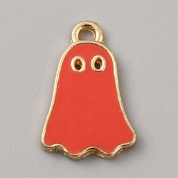 Halloween Alloy Enamel Pendants, Light Gold, Ghost Charm, Red, 14x9.5x1.5mm, Hole: 1.2mm