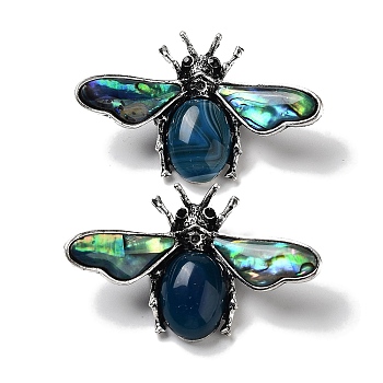 Tibetan Style Alloy Insect Brooches, with Natural Natural Agate and Natural Paua Shell, Antique Silver, 36x56.5x13mm