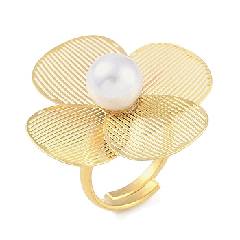 Flower 304 Stainless Steel Adjustable Rings for Women, with ABS Plastic Imitation Pearl, Real 18K Gold Plated, US Size 8(18.1mm)