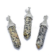 Natural Dalmatian Jasper Pointed Pendants, with Alloy Findings, Bullet, Platinum, 61x14.5x12.5mm, Hole: 3.5x
7.5mm(G-G795-01P-24)