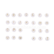 500Pcs Plating Acrylic Beads, for Name Bracelets & Jewelry Making, Metal Enlaced, Horizontal Hole, Alphabet Style, Flat Round with Letter, White, 7x4mm, Hole: 1.8mm(PACR-YW0001-07)