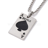 201 Stainless Steel Chain, Zinc Alloy Pendant and Enamel Necklaces, Playing Card, Black, 23.43 inch(59.5cm)(NJEW-C034-07P-02)