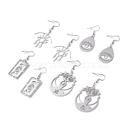 Chakra Theme Hollow Charm Dangle Earrings, Lucky Drop Earrings for Girl Women, Mixed Shape, Stainless Steel Color, 47~64mm, Pin: 0.7mm(EJEW-JE04719)
