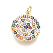 Brass Micro Pave Cubic Zirconia Charms, with Jump Rings, Flat Round, Colorful, Golden, 14x12x2mm, Hole: 2.5mm(X-ZIRC-I032-55G)