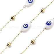 304 Stainless Steel Cable Chains, with Shell & Enamel, Textured Oval Link Chains, Soldered, with Spool, House Eye with Evil Eye, Real 18K Gold Plated, 9.5~10x5x3.5~4mm, about 32.81 Feet(10m)/Roll(CHS-K018-19G-03)