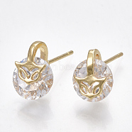 Brass Cubic Zirconia Stud Earrings, Fox, Clear, Real 18K Gold Plated, 10x8mm, Pin: 0.7mm(KK-S348-361)