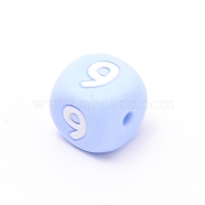 Silicone Beads, for Bracelet or Necklace Making, Arabic Numerals Style, Light Sky Blue Cube, Num.9, 10x10x10mm, Hole: 2mm(SIL-TAC001-02C-9)