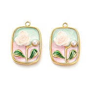 304 Stainless Steel Enamel Pendants, with Resin and ABS Imitation Pearl, Rectangle with Flower, Ion Plating(IP), Real 18K Gold Plated, Pale Green, 23.5x15.5x6mm, Hole: 1.6mm(STAS-B084-13G-01)