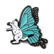 Cat with Butterfly Wing Enamel Pins, Electrophoresis Black Plated Alloy Brooch, White, 35x28x1.5mm(JEWB-I026-03D)