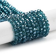 Electroplate Transparent Glass Beads Strands, Faceted(32 Facets), Round, Pearl Luster Plated, Teal, 4mm, Hole: 0.7mm, about 88~95pcs/strand, 12.99~14.06 inch(33~35.7cm)(EGLA-A035-T4mm-A12)