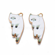 Printed Alloy Pendants, Cadmium Free & Nickel Free & Lead Free, Light Gold, Cat, Medium Aquamarine, 30x15x1.5mm, Hole: 2mm(ENAM-N168-001E)