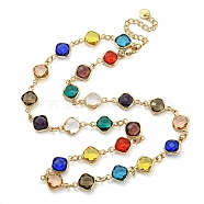 Glass Necklace, Multi Color Brass Link Necklaces, Rhombus, 16.65 inch(423mm)(NJEW-C047-01C-KCG)